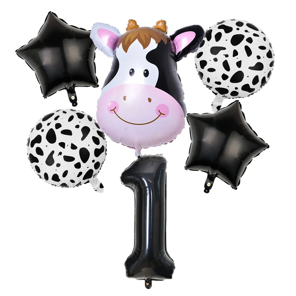 6Pcs Vaca, Cabeça de Aniversário, Balões 32polegadas Preto Número de Balão Tema Animal Animais de Partido Decoração Hélio Criança Brinquedos de Suprimentos