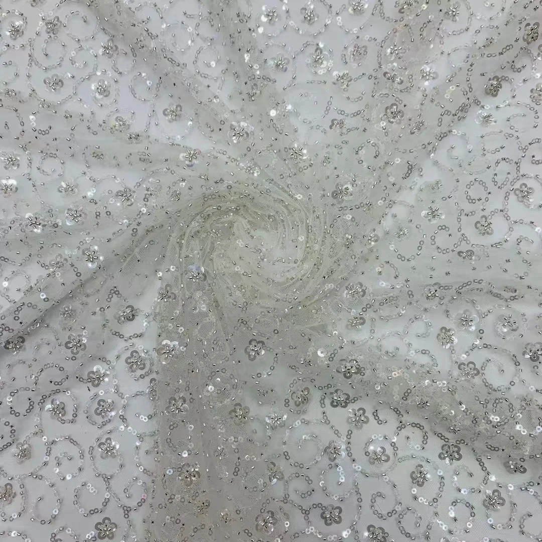 africana de renda frisado tecido de 2022 para o vestido de casamento branco francês de paetês, tecidos com sequência de tule Preto 2023 mais recente de noiva