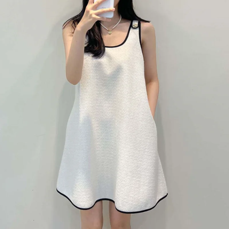 Coreia Chique Solto E Casual Vestidos Sem Mangas Mulheres Pequena Doce Do Vento Da Cor De Colisão Botão Borda Coreia Do Portão Leste De Tweed Colete Vestido De Verão