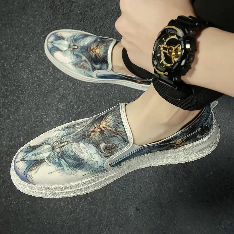 Estilo chinês graffiti sapatos da moda verão, sapatos de lona respirável tampa de pés de quatro temporadas de baixo-superior sapatos casuais conselho de sapatos