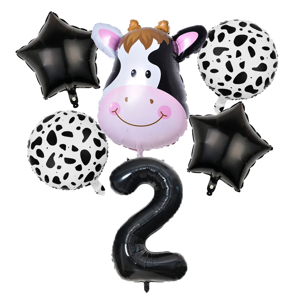 6Pcs Vaca, Cabeça de Aniversário, Balões 32polegadas Preto Número de Balão Tema Animal Animais de Partido Decoração Hélio Criança Brinquedos de Suprimentos