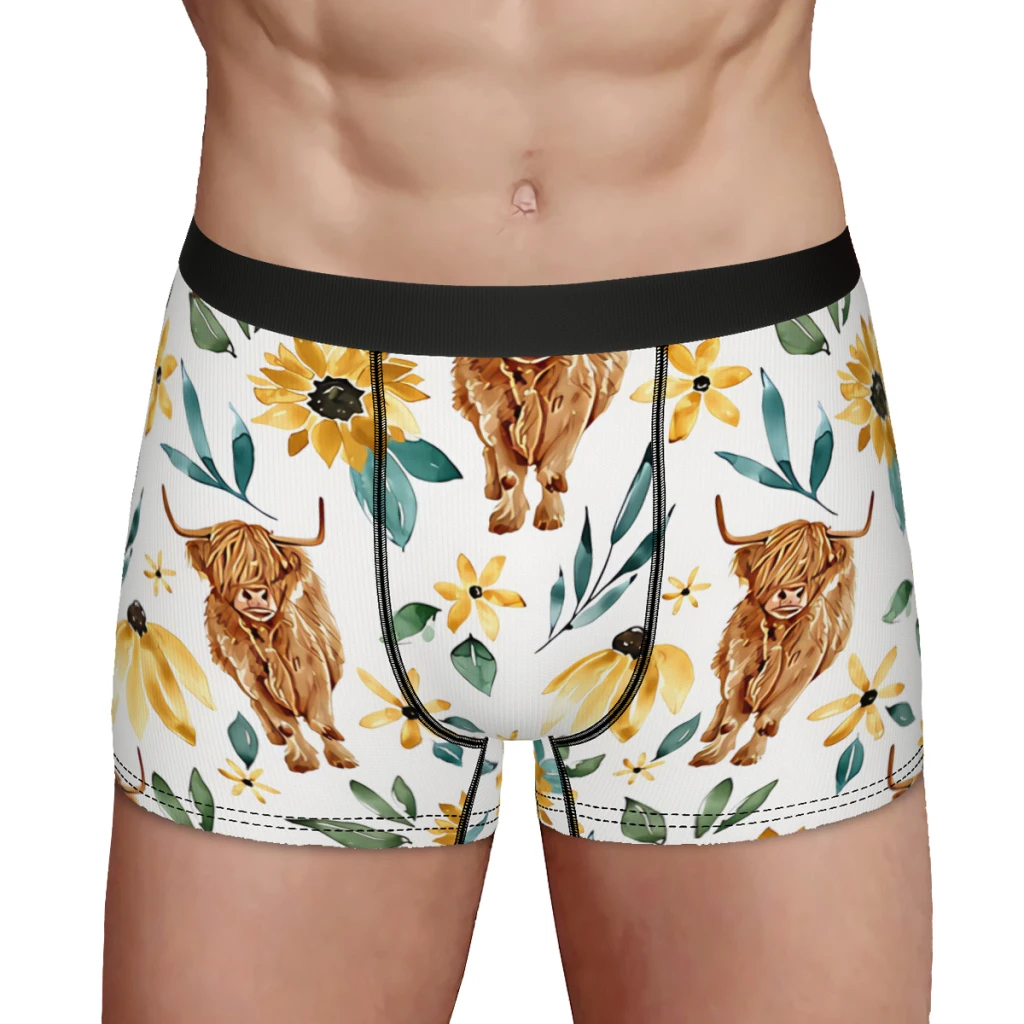 Highland Vaca Flores Silvestres Vaca Arte Amarelo Floral Girassol Cuecas De Algodão Calcinha Underwear Masculino Sexy Shorts Boxer Briefs