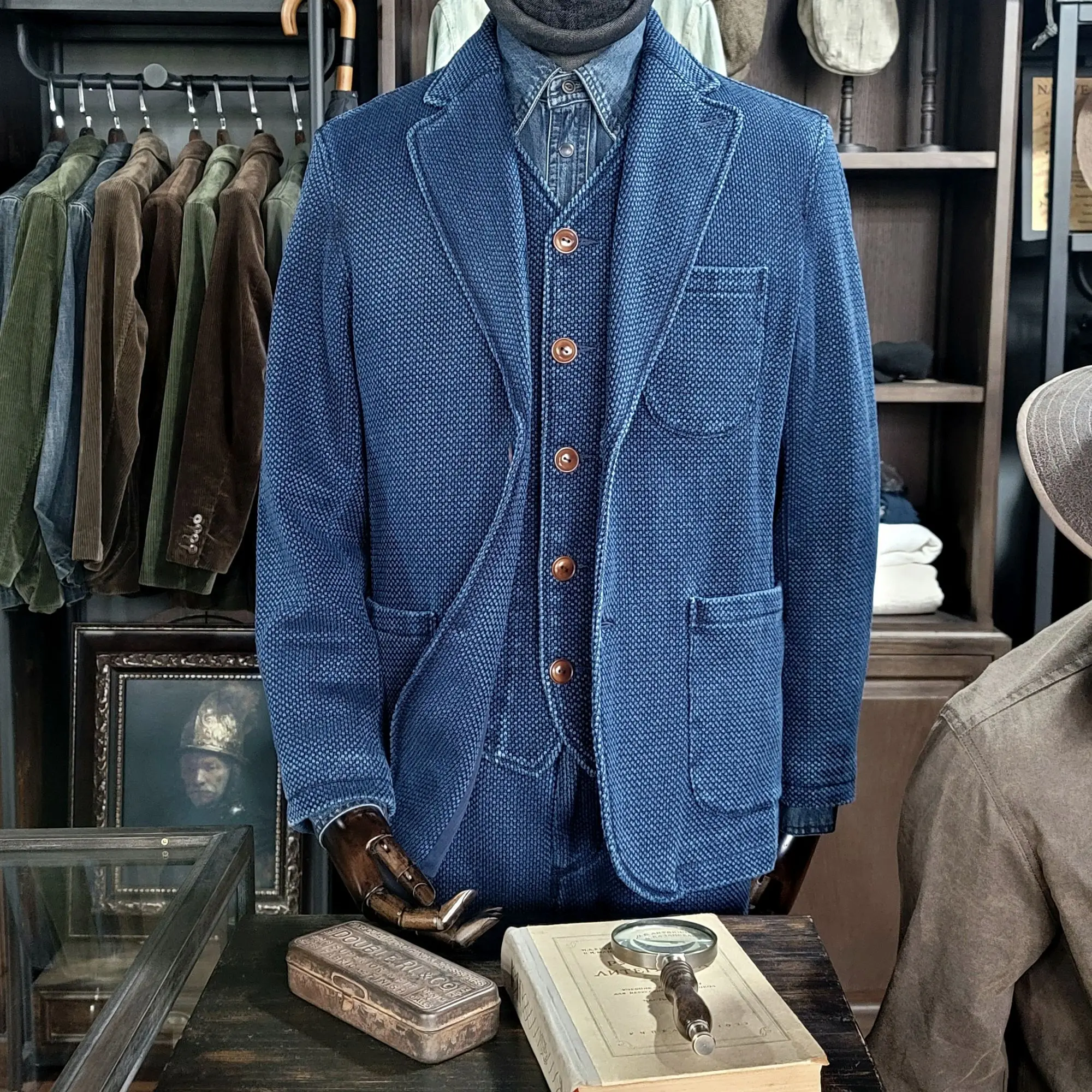 Homens de Terno Blazer Azul Índigo Sashiko 12.5 oz Ajuste Regular 3 Bolsos de Negócios informais Vintage Jaqueta de Roupas de grife