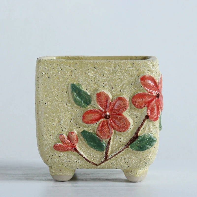 O Coreano Bonito Feito A Mão Em Relevo Em Cerâmica Quadrada Vaso De Flores Simples Suculenta Planta Verde Bonsai De Artesanato Casa Criativa De Jardinagem