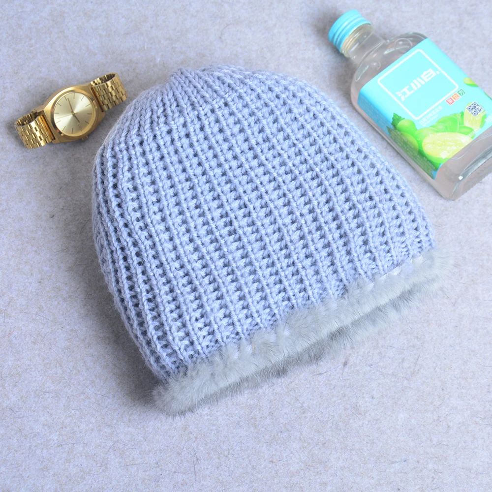 Real Natural de Vison Chapéus para Mulheres de Inverno de Tricô Orelha Quente de Duas cores para Combinar Pac Cruz-tecer Com a Nova Moda de chapéus de pêlo