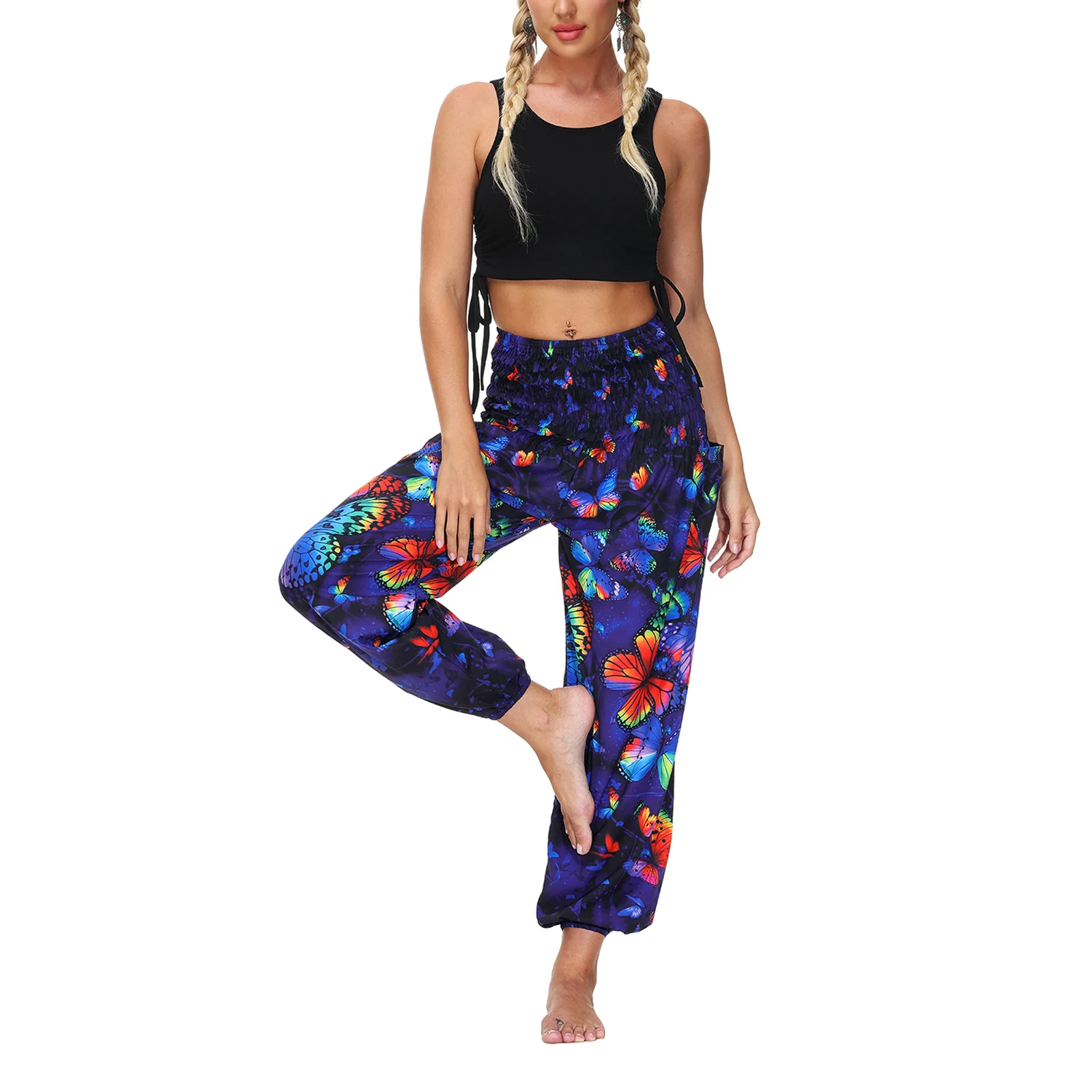 2021 Novas Mulheres Ampla Pernas Conjuntos De Calças Florais Borboleta Impresso Solta Yoga Esporte Calças Casuais Boho Sexy De Lazer