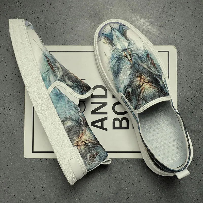 Estilo chinês graffiti sapatos da moda verão, sapatos de lona respirável tampa de pés de quatro temporadas de baixo-superior sapatos casuais conselho de sapatos