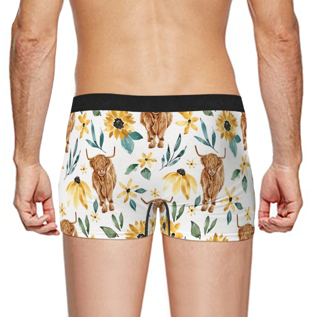 Highland Vaca Flores Silvestres Vaca Arte Amarelo Floral Girassol Cuecas De Algodão Calcinha Underwear Masculino Sexy Shorts Boxer Briefs