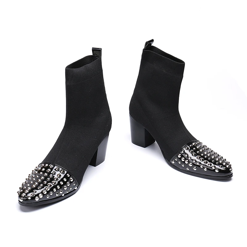Moda de Lã Tecido Elástico Preto Mens Botas de Luxo Prata Rebites Sólidos Sapatos Casuais Homens Slip-on Respirável Com o Calcanhar Marca de Inicialização