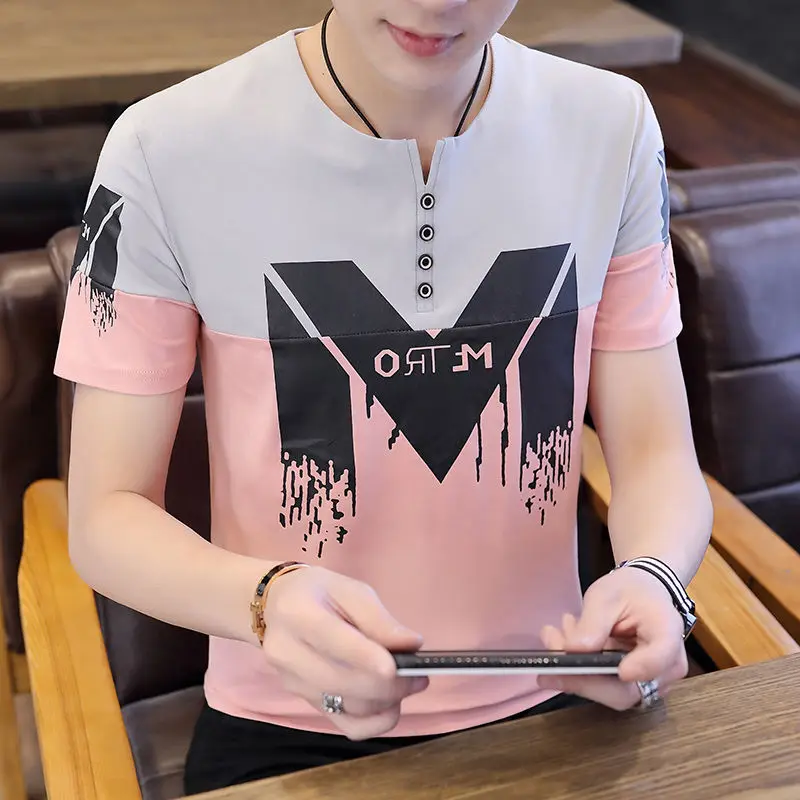 Moda Lapela Emendados Botão Letra T-Shirt de Roupas masculinas 2023 Verão Nova de grandes dimensões Casual, Pulôveres coreano T-Shirt
