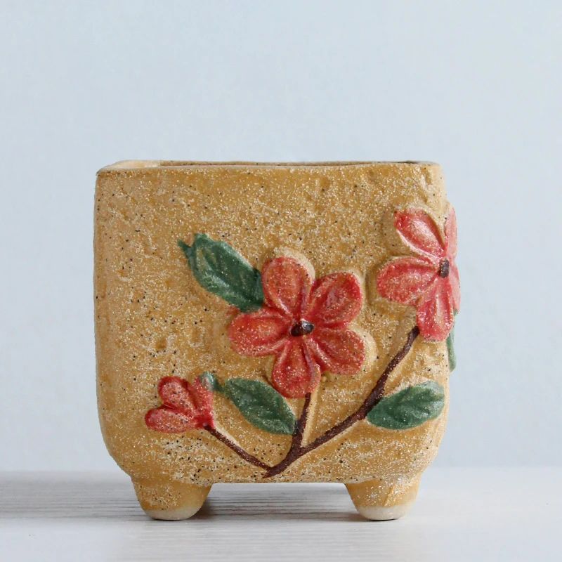 O Coreano Bonito Feito A Mão Em Relevo Em Cerâmica Quadrada Vaso De Flores Simples Suculenta Planta Verde Bonsai De Artesanato Casa Criativa De Jardinagem