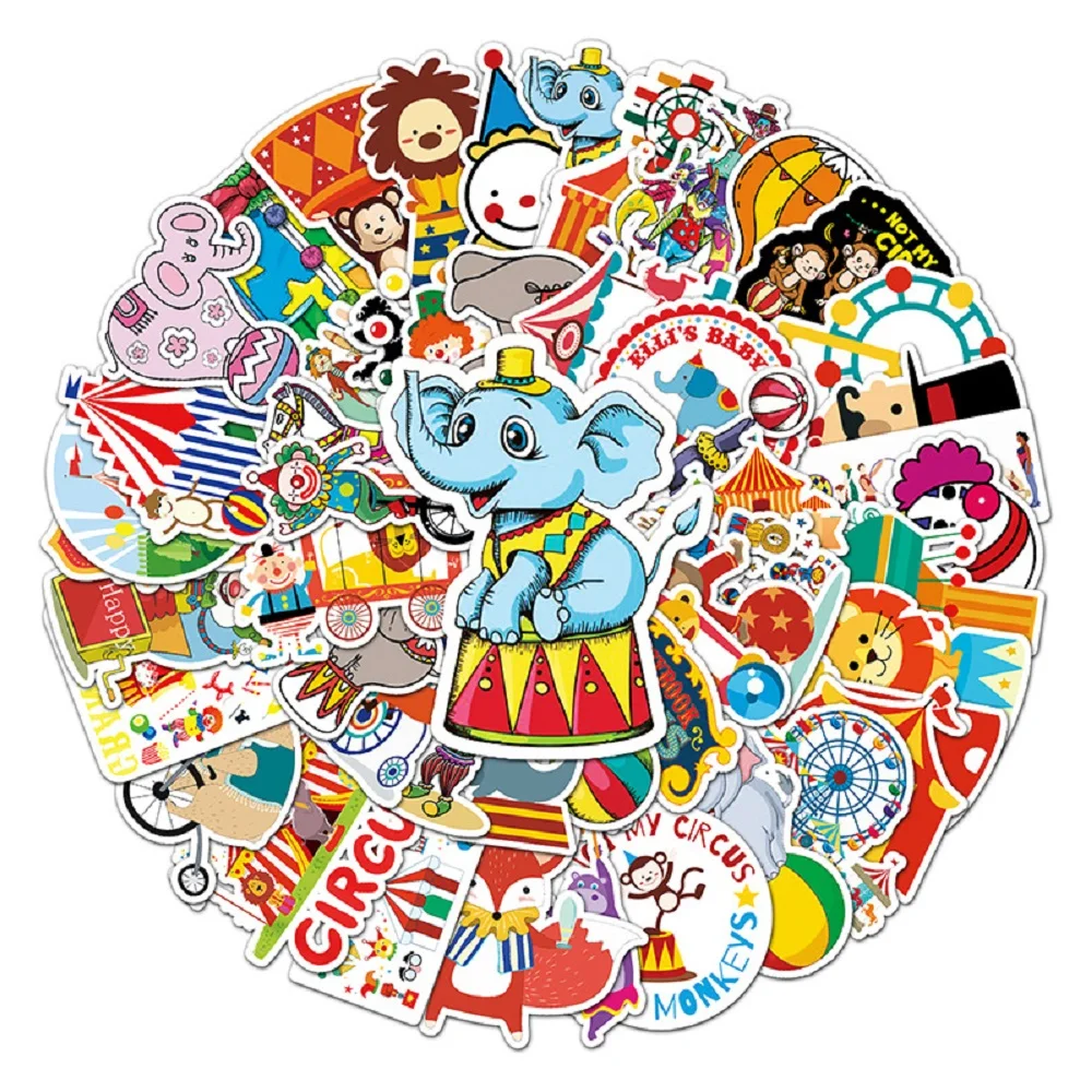 10/50pcs dos desenhos animados Encantadores Circo Adesivos Cartaz Crianças Brinquedos de DIY Telefone Portátil de Bagagem Caderno de Estacionamento Parque infantil Autocolante Presente