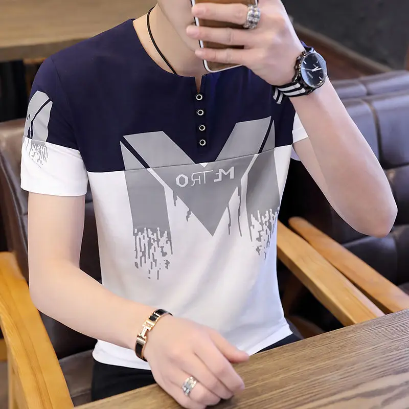 Moda Lapela Emendados Botão Letra T-Shirt de Roupas masculinas 2023 Verão Nova de grandes dimensões Casual, Pulôveres coreano T-Shirt