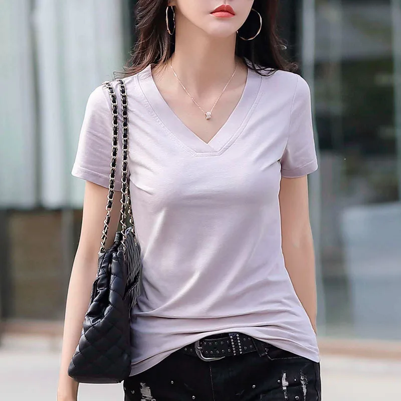 Personalizado LOGOTIPO de imagem boutique feminina verão fêmea nova de manga curta T-shirt com decote em V 95 algodão camisa de assentamento