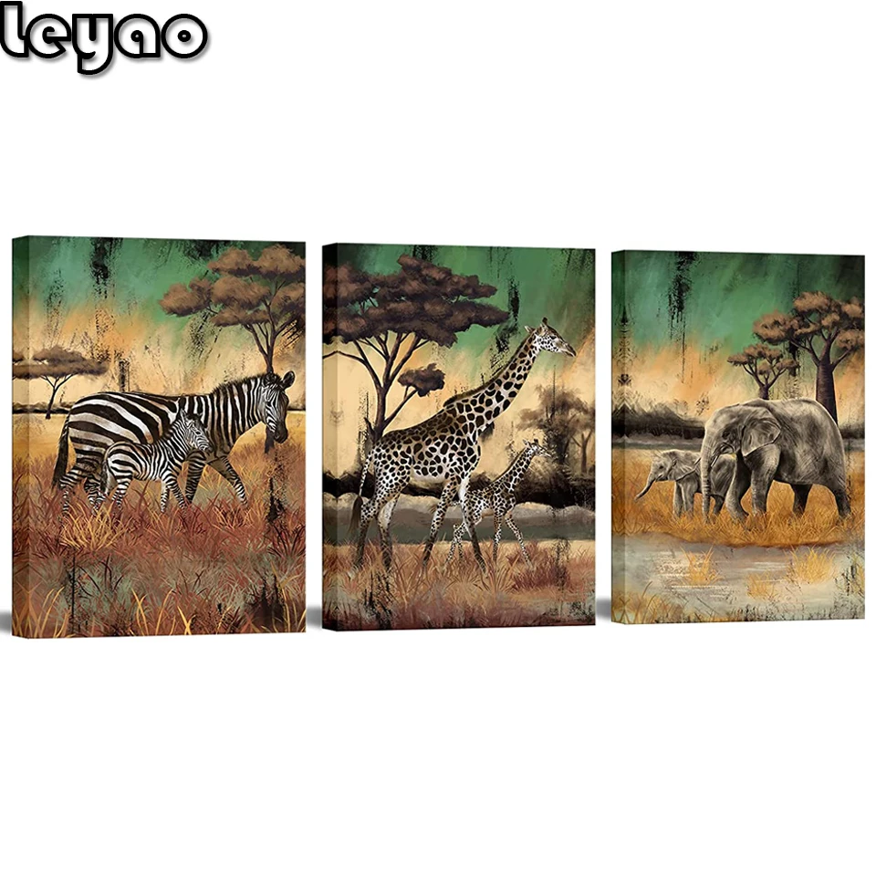 3 Peças Animal Africano Diamante Pintura Animal da Família a Mãe e o Bebê Elefante Selvagem Girafa Zebra obras de Arte para Decoração de Escritório em Casa