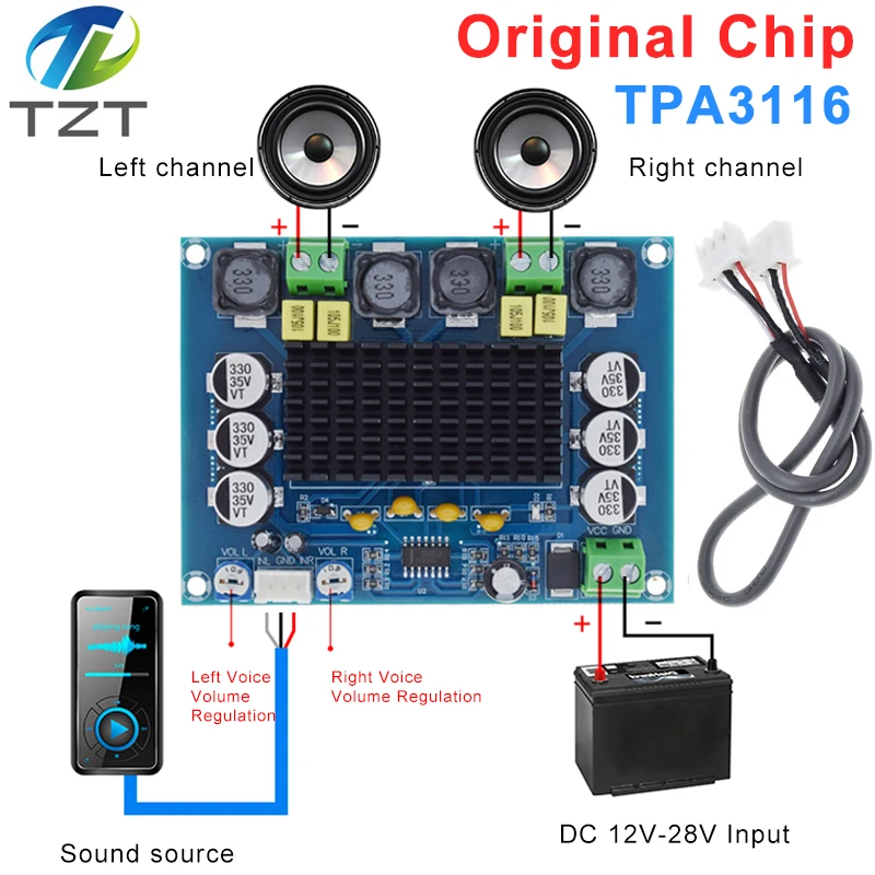 DIYTZT DC 12V 24V 120W*2 TPA3116 D2 Dual Channel digital de Potência de amplificador de áudio da placa boa
